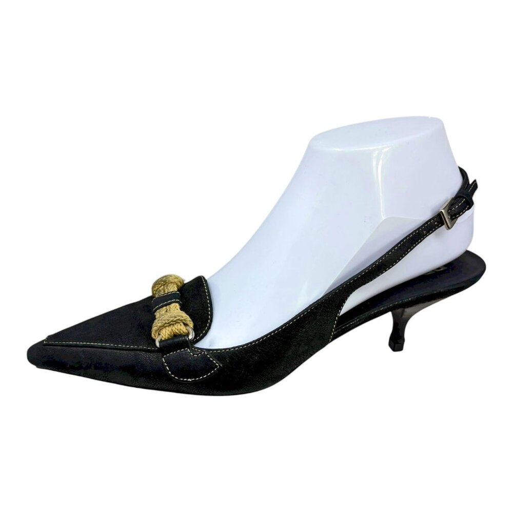 Prada Black Textured Leather Braided‎ Horse Bit Slingback Kitten Heels - Picture 5 of 11